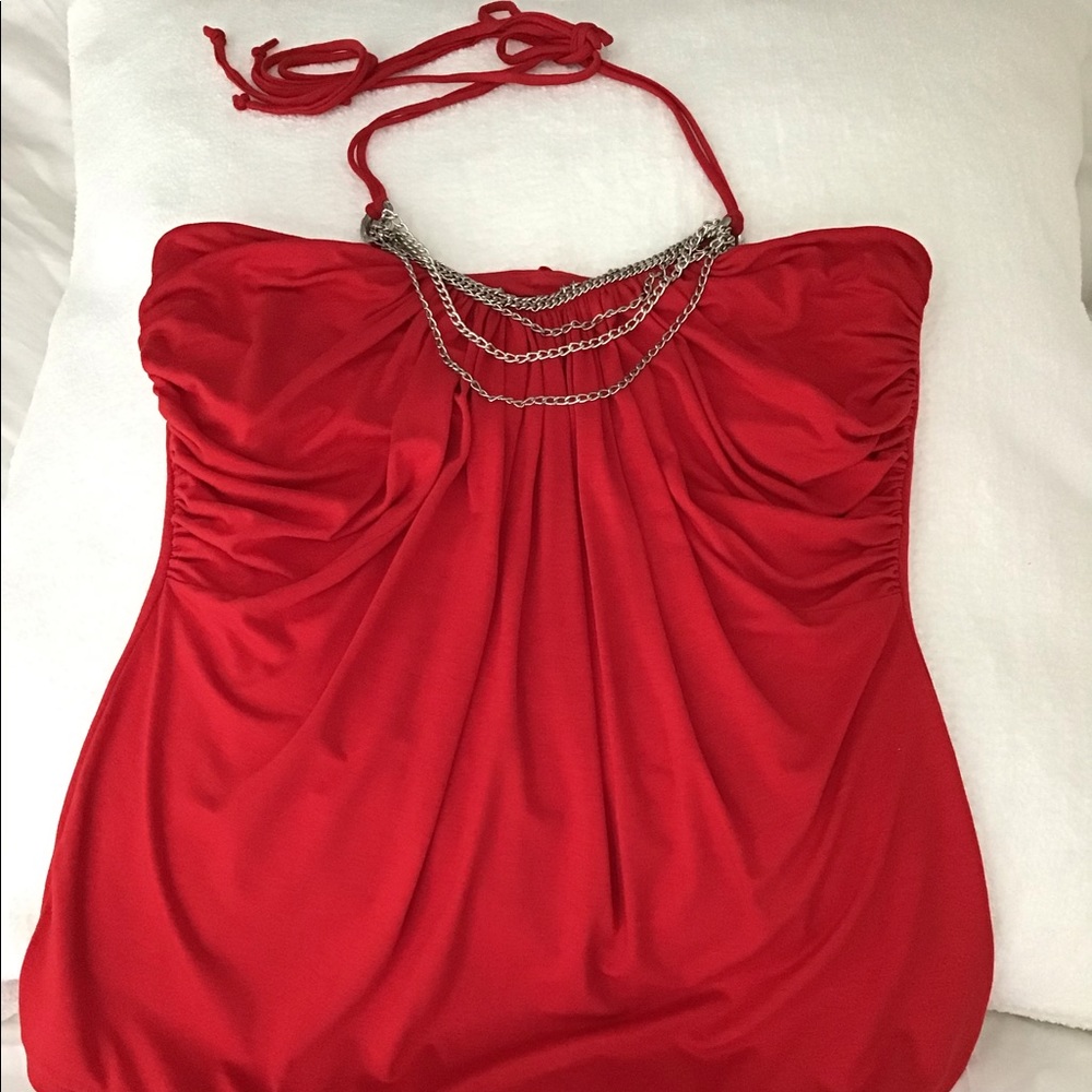 Red, chain neck halter, with built in bralette